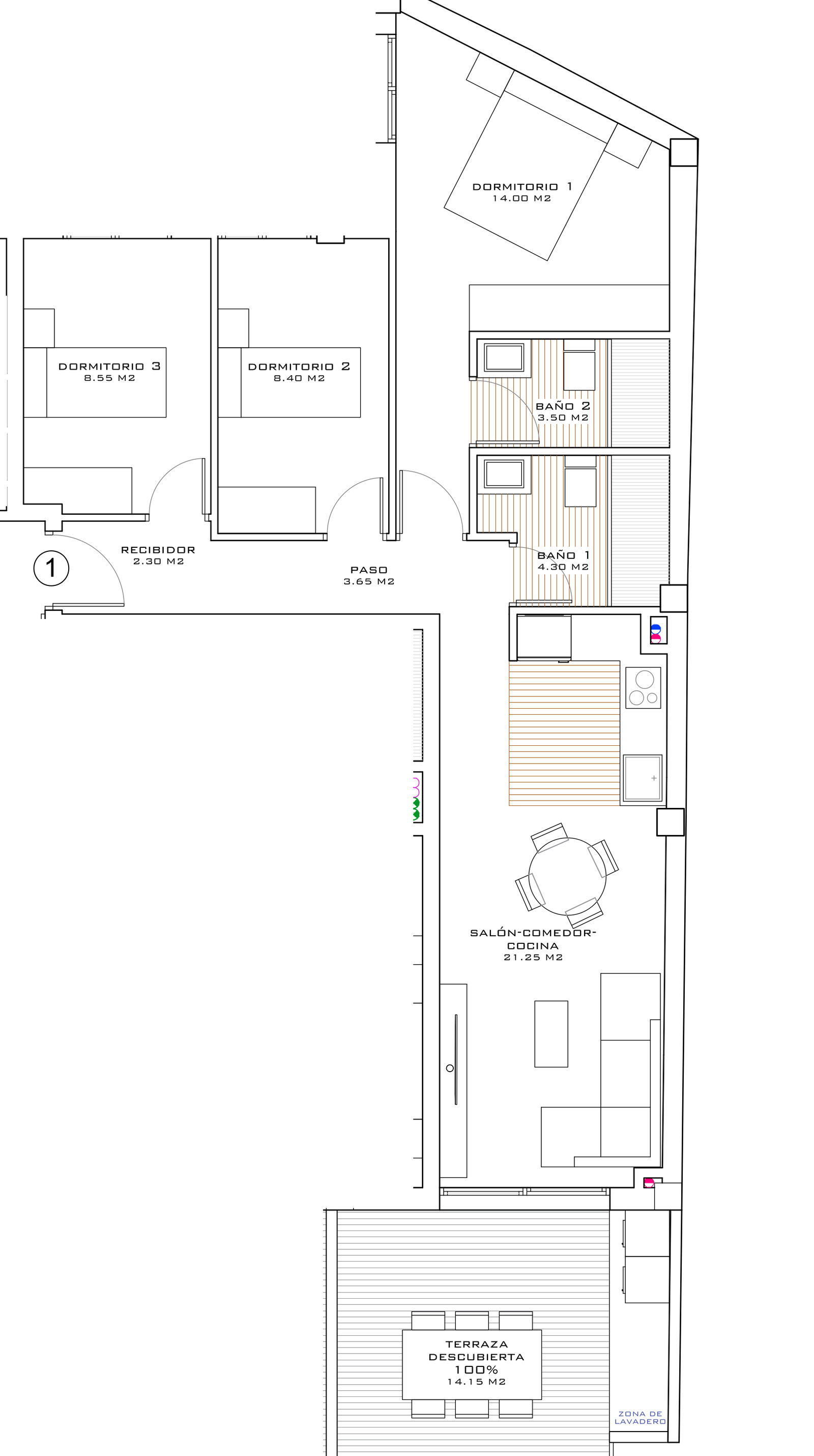 Plano ático PA-01 — 79 m² + terraza 14 m²