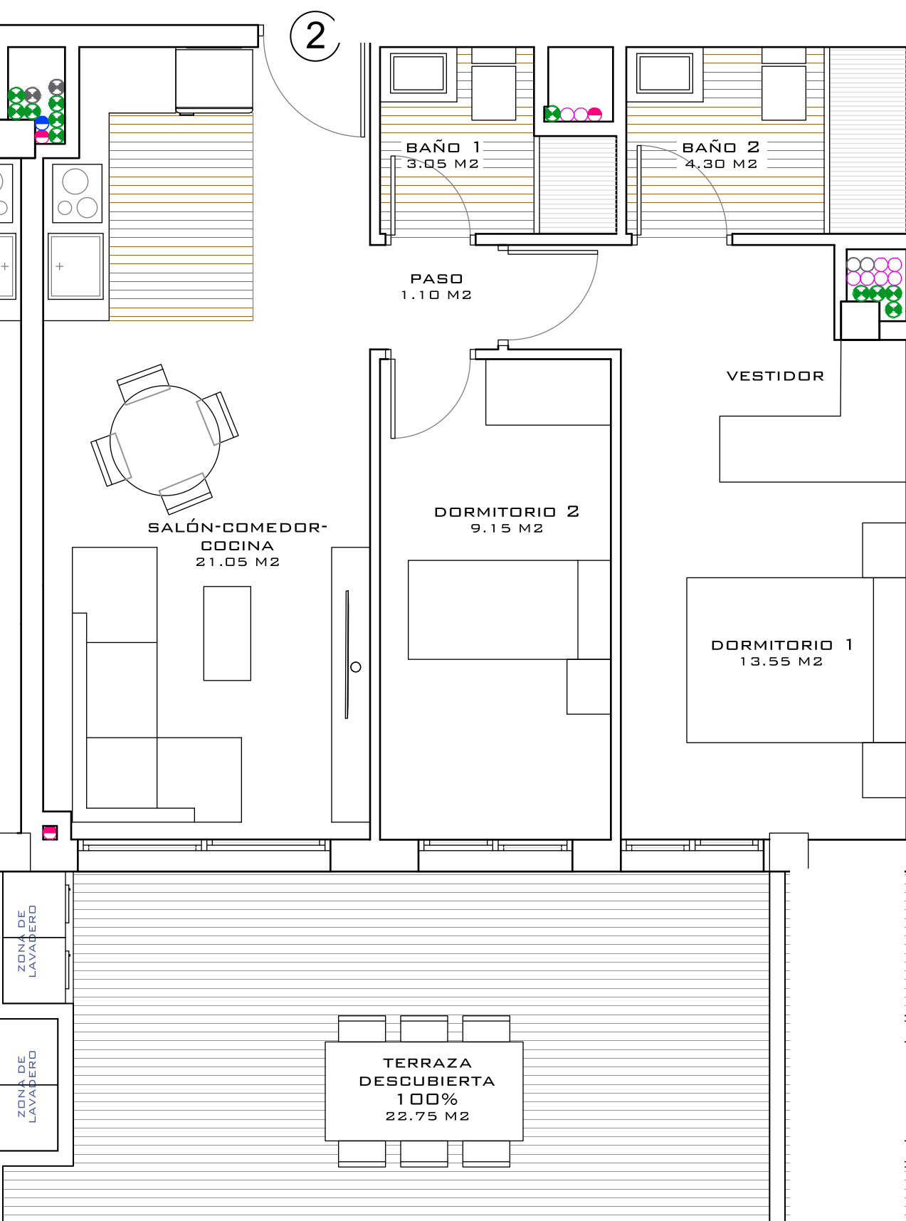 Plano ático PA-02 — 61 m² + terraza 23 m²