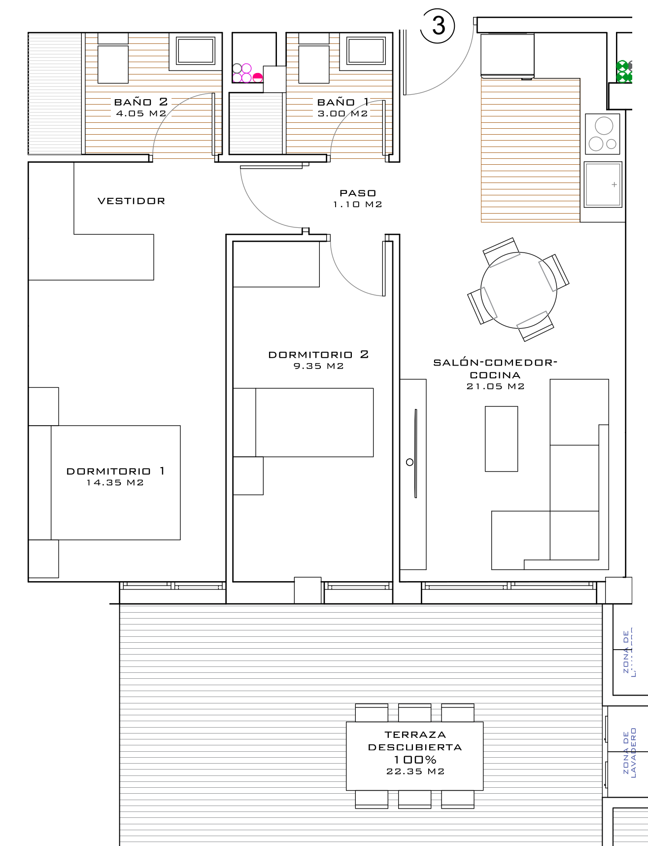 Plano ático PA-03 — 61 m² + terraza 22 m²