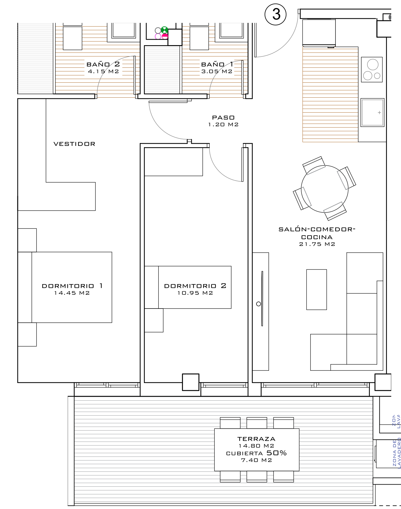 Plano tipología P1-03 / P2-03 / P3-03 — 65 m²